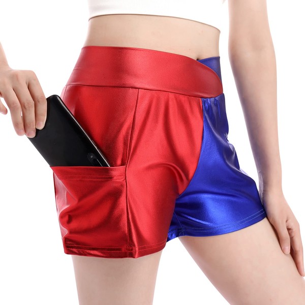 Women's Shiny Dance Shorts Sparkly Cross V-Front Color Patwork High Waist Yoga Rave Party Hot Short Pants Workout Outfit with Side Pockets Red-Blue Medium