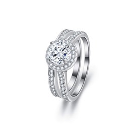 EVER FAITH Sparkly Round Cubic Zirconia Wedding Ring Beautiful Eternity Engagement Bridal Ring Set for Women, Brass, White