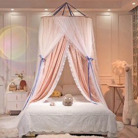 Kertnic Luxurious Bed Canopy for Girls & Adults, Large Elegant Double Layer Bed Curtain Canopy Drapes, Round Dome Lace Princess Canopies Netting (Star)