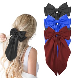 3Pcs Hair Bows for Women Black Royal Blue Wine Red Silky Satin Bow for Hair Coquette Bows Hair Clip Long Tail Hair Ribbons Hair Accessories Gifts