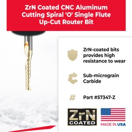 Amana Tool 57347-Z SC Spiral O Single Flute Improved Surface Finish Aluminum Cutting 3/16 D x 7/8 CH x 1/4 SHK x 2 Inch Long Up-Cut ZrN Coated Router Bit withMirror Finish