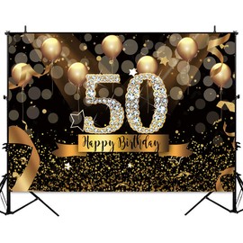 Sensfun 7x5ft Happy 50th Birthday Party Photography Backdrop Glitter Black and Gold Balloons Background for Woman Fabulous 50 Bday Party Decorations Shining Diamond Fifty Years Old Photo Booth Banner