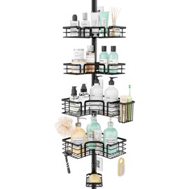 SWTYMIKI Shower Caddy Tension Pole - 4-Tier Corner Shower Organizer Tension Rod with Soap Holder, Toothbrush Holder & 4 Hooks, Adjustable Stainless Steel Bathroom Organizer 27.6 to 108.3 inch, Black