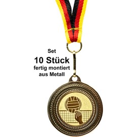 Trophy Factory – Volleyball Medals Set of 10 Metal – Volleyball Medal Golden for Hanging for Award Ceremonies – Medals Children with Germany Band & Emblem for Clubs and Tournaments