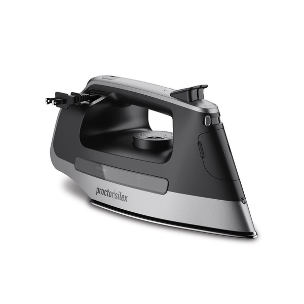 Proctor Silex Steam Iron for Clothes with Durable Stainless Steel Soleplate, 1500 Watts, 8’ Retractable Cord, 3-Way Auto Shutoff, Anti-Drip, Gray and Black (14250)
