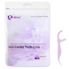 R REVA Anti-Caries Twin-Line Dental Floss Picks - 200 Count (Pack of 1), Fresh Lime Flavour Toothpicks, Teeth Cleaning Sticks