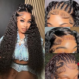Deep Wave Lace Front Wigs Human Hair 13x6 HD Transparent Lace Front Wigs Human Hair Pre Plcked Curly Human Hair Wig for Women Deep Wave Frontal Wigs Human Hair with Baby Hair 180 Density (34 Inch)