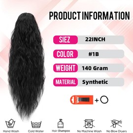 rosmile Corn Wave Drawstring Ponytail 140 Grams Natural Black Wave Ponytail Clip in Extension 22 Inches Synthetic Corn Curly Wave Ponytail for Black Women(1B,Natural Black)