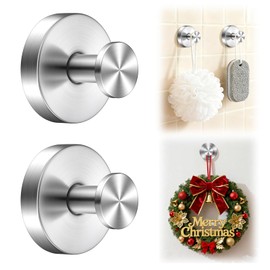 2 Pack Suction Cup Hooks for Shower Stainless Steel, Suction Hooks for Shower Wall Hangs 15lbs, Bathroom, Kitchen, Glass Door, Mirror, Tile, Loofah, Towel, Coat, Bath Robe, Silver