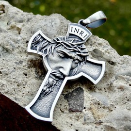 Religiöse Jesus Christ Anhänger Echt Sterling Silber 925 INRI Kruzifix Halskette Handmade Schmuck Neu Silverzone77