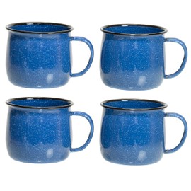 Red Co. Set of 4 Enamelware Metal 13.5 Oz Round Camping Coffee Mugs with Handle, White-Speckled Blue/Black Rim