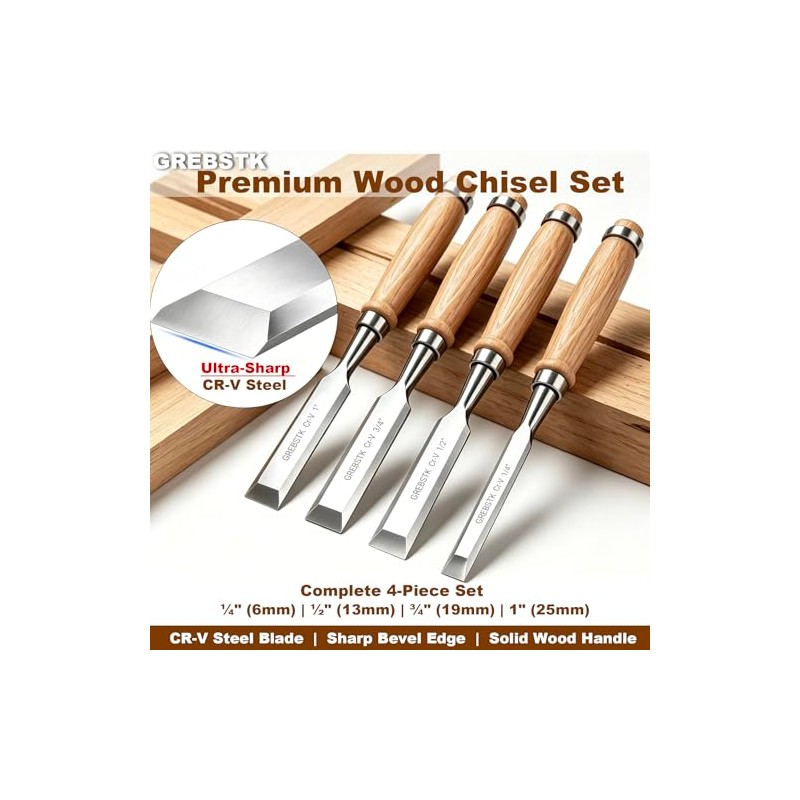 GREBSTK 4-Piece Ultra-Sharp Wood Chisel Set, CR-V Steel Beveled Blades