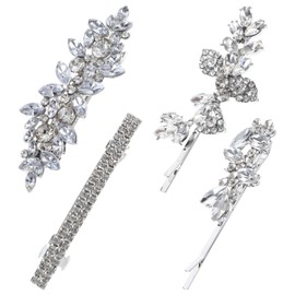 KFHENSOMR Rhinestone Hair Clips 4Pcs Silver Wedding Hair Clips Bridal Crystal Bobby Pins Leaf Flower Bridal Hairpin Barrette Alloy Crystal Hairpins for Women Bridesmaids Prom Party