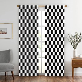 Black and White Window Drapes Curtain Checkered Flag Racing Race Car Line Rod Pocket Drapes Curtain for Living Room Home Decor 52x84 Inches 2 Panels