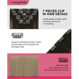 Youngsmile Clip in Hair Extensions Human Hair, Real Human Hair Extensions Clip in, Color 2 Darkest Brown Fading to 6 Chestnut Brown And 18 Ash Blonde,20 Inch 160 Gram 7 Pcs (7C#2/6/18-20Inch)
