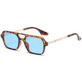 RUNHUIS Vintage Classic 70s Square Sunglasses for Men Women Trendy Retro Slim Rectangle Glasses (Leopard-Gold/Blue)