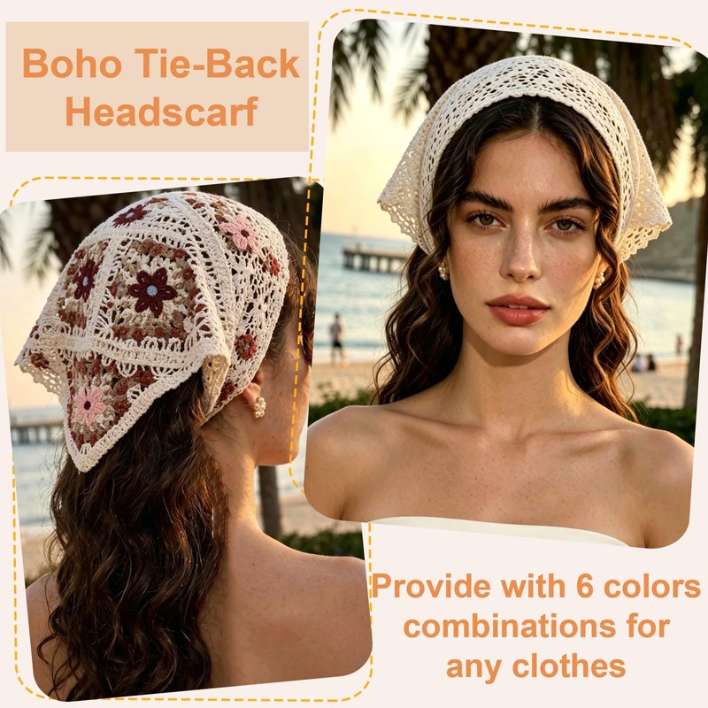 6Pcs Crochet Head Scarf, Boho Knit Hair Bandana for Women