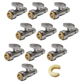(Pack of 10) EFIELD Push Fit 1/4 Turn Straight Stop Valve Water Shut Off 1/2 Push x 3/8 Inch Compression Chrome with a Disconnect Clip,(PF-VALVE021-10PCS)