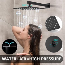 GBBNE Shower Faucet Set Rainfall Shower System with Square Showerhead and Handle Set Fixture with 2 in 1 Function Handheld Sprayer Wall Mounted Trim Repair Kit Rough-in Valve 12 Inch Matte Black