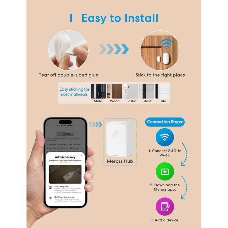 Meross WLAN Door and Window Sensor, Requires meross Hub, Mini
