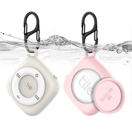 [2 Pack] Silicone Case for Tile Mate 2022, Waterproof Protective Cover for Tile Tracker, Full Body Anti-Scratch Cover for Tile Holder, Classic Retro MP3 Player Design with Carabiner (Off White+Pink)