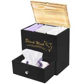 Tampon Holder for Bathroom, Shark Week Tampon Storage with Lid & Drawer Pad Organize Case Feminine Product Organizer Bathroom Decor and Storage Box for Ladies (Black)