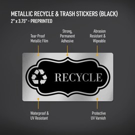 Avery Recycle and Trash Stickers, Black Metallic Signs for Bins, Containers, Garbage Cans, Walls, Waterproof, UV Resistant, Preprinted, 2" x 3.75", 8 Total