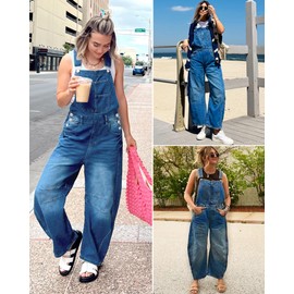 MAOECO Barrel Overalls Denim Jumpsuits for Women Casual Loose Baggy Jeans Pants Sleeveless Bib Summer Fall Y2k Jumpers with Pockets Dark Blue L
