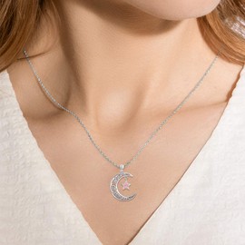 ABIGY Moon Star Necklace Women's 925 Sterling Silver Crescent Moon with Opal Star Pendant Sparkling Moon Jewellery Gift for Mum Teenager Birthday, Sterling Silver, Created Opal