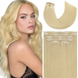 Anrosa Bleach Blonde Highlights Clip in Hair Extensions 7Pcs 110Gram 18Inch Seamless Clip in Hair Extensions Human Hair Natural Silky Straight PU Weft Clip in Hair Extensions Real Human Hair #60