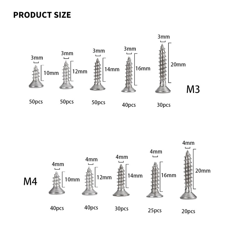 TOOINKCV 375 Pieces M3 M4 Self-Tapping Screw Assortment, Flat Head