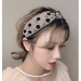 Donally Women's Dot Pattern Headband Sheer, Korean Style, Polka Dot, Ribbon, Beige