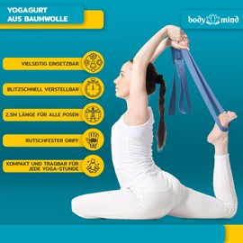 Body & Mind® Yoga Strap Made of 100% Natural Cotton - 250 cm Long; Yoga Band with D-Ring Closure for Beginners & Advanced; Pilates, Yoga & Fitness Exercises (Meditation Blue)