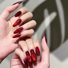 Valentines Day Wine Red Press on Nails Cat Eye Fake Nails with Gradient Design Glitter Press on Nails Almond False Nails Valentine’s Day Nails Press ones Glossy Acrylic Nails Stick on Nails for Women
