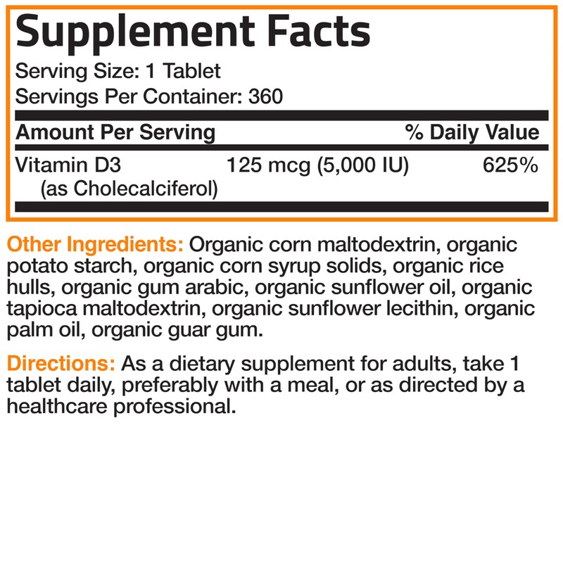 Bronson Vitamin D3 5,000 IU (125 mcg) Certified Organic High