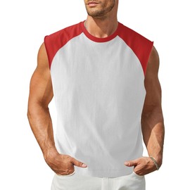 Minclouse Men's Casual Raglan Sleeves Tank Tops Sleeveless Crew Neck T Shirts Color Block Tees (Red-White,Medium)