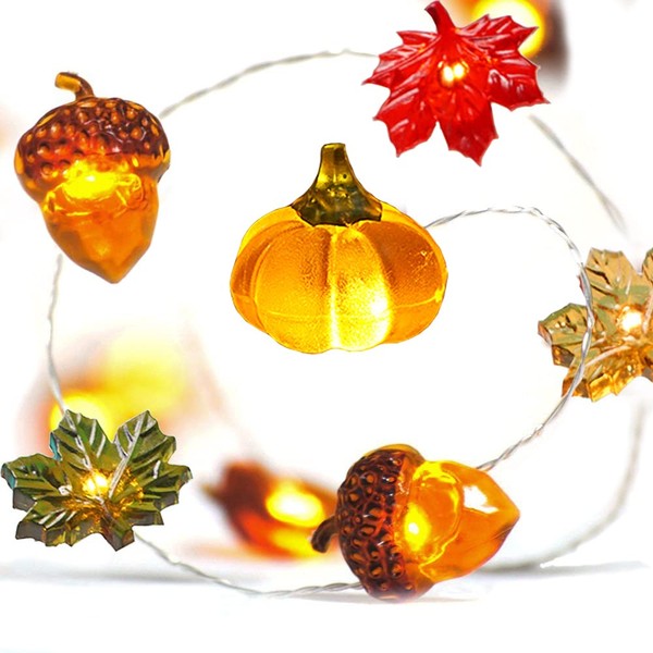 BOHON Thanksgiving Decoration Acorn 3D Pumpkin Maple Leaf String Lights Battery Operated with Remote 10ft 30 LEDs Orange Fall Lights for Home Autumn Garland Harvest Halloween Party Christmas Decor