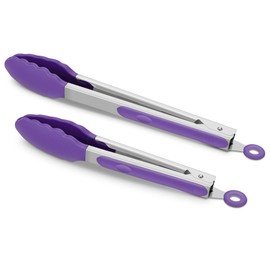Set of 2 Kitchen Tongs 9-Inch & 12-Inch, Premium Stainless Steel BPA Free Silicone Non-Stick Grilling Barbeque Cooking Locking Food Tongs, Purple