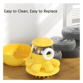 Dish Brush with Dish Scrubber, Cute Octopus Dish Scrub Brush for Pots Sinks & Home Kitchen Wall-Mounted Soap Dispensing Cleaning Tool with Attachable Placement Slot, Include 3 Brush Head(Yellow)