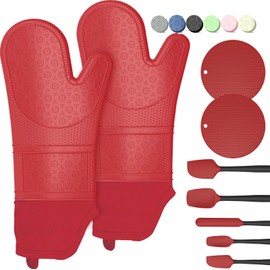 Oven Mitts with Heat-Resistant Hot Pads and Five Silicone Spatulas Designed for Kitchen Baking Cooking, Oven Glove Soft Cotton Lining, Waterproof, BPA-Free (Red, 15.7)
