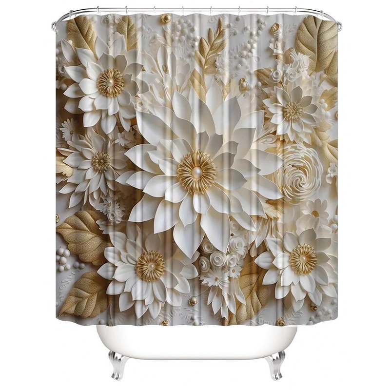 Chrainy 4pcs White Flowers Shower Cutain Bathroom Decor Sets with