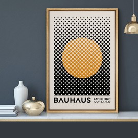 MUDECOR Framed Canvas Print Wall Art Mid-Century Bauhaus Black Orange Grid Dot Sun Shapes Abstract Illustrations Modern Art Multicolor Relax/Calm for Living Room, Bedroom, Office - 16"x24" Natural