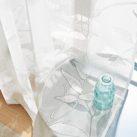 Treatmentex Transparent Lace Curtain, Jacquard Curtains with Eyelets, Leaf Pattern, Semi-Transparent Curtains, Vintage Decorative Curtain, Eyelet Curtains for Bedroom, Living Room, White, 2 Pieces,