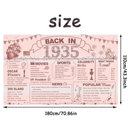 DARUNAXY Rose Gold 90th Birthday Party Decorations for Women, Back in 1935 90th Birthday Banner Backdrop Pink Cheers to 90 Years Old Birthday Party Supplies Vintage 1935 90 Birthday Poster for Girls