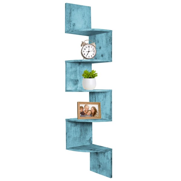 Greenco 5-Tier Corner Shelves, Floating Corner Shelf, Wall Organizer Storage, Easy-to-Assemble Wall Mount Shelves for Bedrooms, Bathroom Shelves, Kitchen, Offices, & Living Rooms (Rustic Blue Finish)
