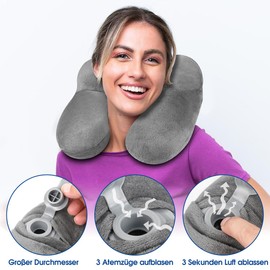BBjinronjy Reisekissen,Nackenkissen Aufblasbar für Flugzeug mit Ohrstöpsel,Weichem Samt Ergonomisch Nackenhörnchen Reisekissen Aufblasbar für Büro,Flugzeug,Auto,Reise,Camping,Schlafrestkissen (grau)