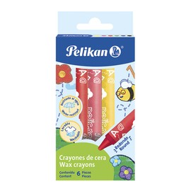 Pelikan Pelicrayones Crayones de Cera Redondos con 6 Piezas, Color Amarillo, Rosa, Verde, Rojo, Negro y Azul, Resistentes al Agua, Lavables en Caja de Cartón