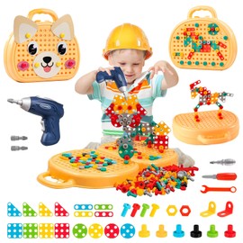 Audasi Steckspiel Spielzeug mit Bohrmaschine Werkzeugkoffer Montessori Spielzeug Pädagogisch Kreativ 3D Puzzle Mosaik Bausteine Spiele Kinder Geschenke für Jungen Mädchen (Gelb)