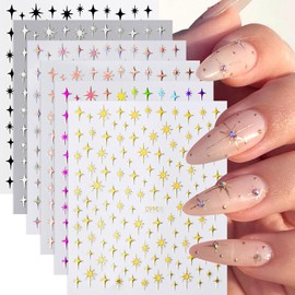 6 Sheets Star Nail Art Stickers Decals, 3D Star Nail Art Supplies Self Adhesive Cute Nail Stickers Glitter Stars Nail Decals Gold Silver Black Colorful Nail Art Design DIY Decoration Accessories