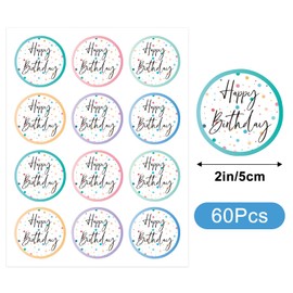 G2PLUS 5cm Happy Birthday Stickers,60PCS Waterproof Happy Birthday Stickers,Macaron Dots Birthday Favors Stickers/Labels for Birthday Party Bags,Baby Shower Party Favors